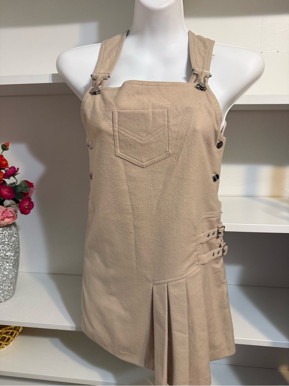 Christian DIOR Beige Pinafore Mini Dress with Pleated Side (12A)See Measurements - Picture 3 of 16